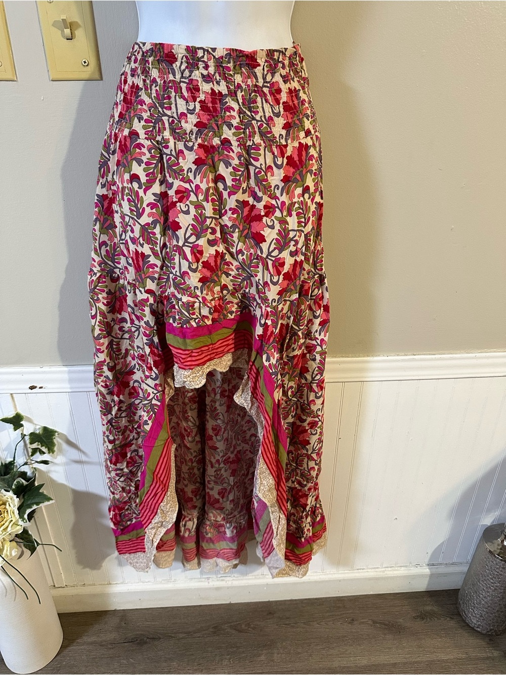 SHEIN Pink and Green Floral High-Low Maxi Skirt